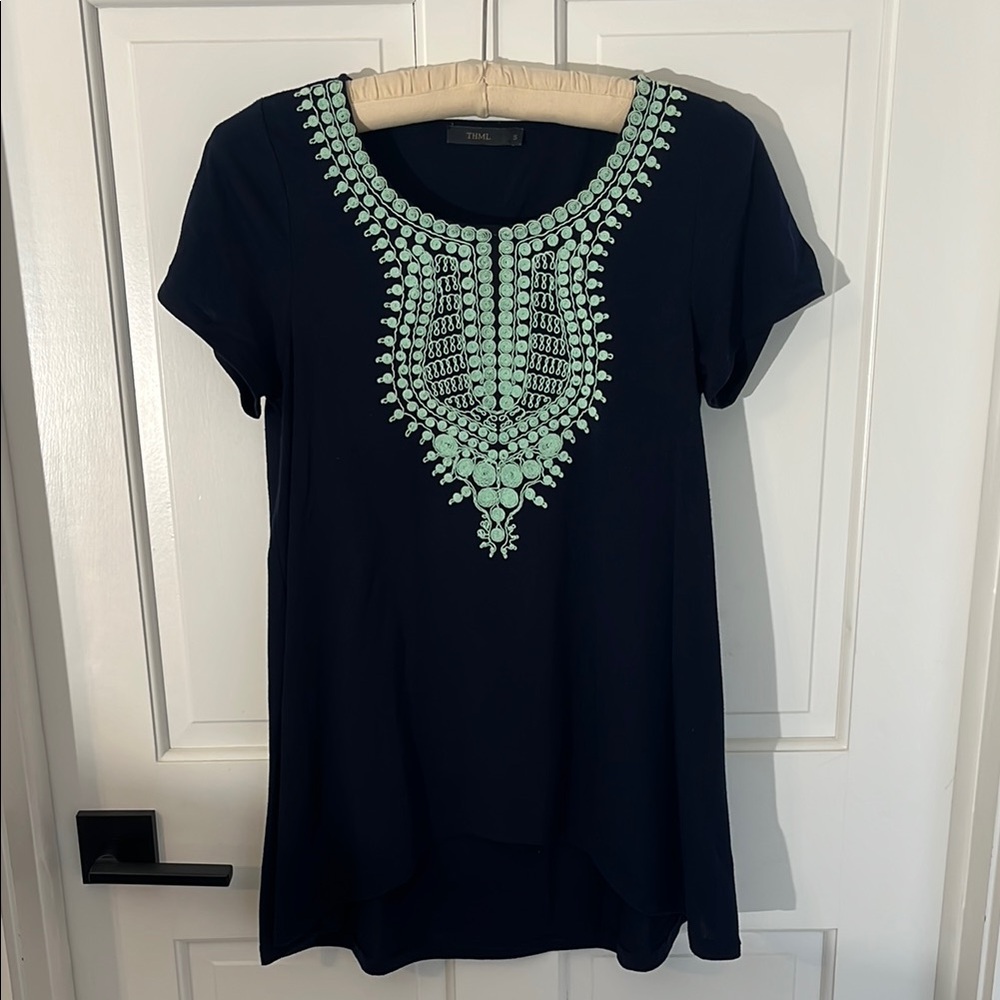 THML Navy Short-Sleeve Top with Mint Embroidered Neckline